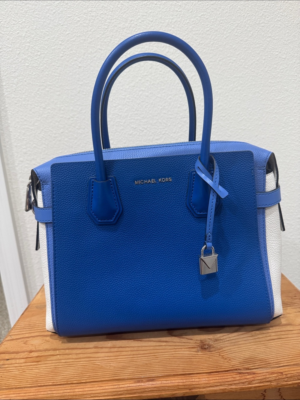 Michael Kors Royal Blue and White Leather Satchel with Padlock Charm